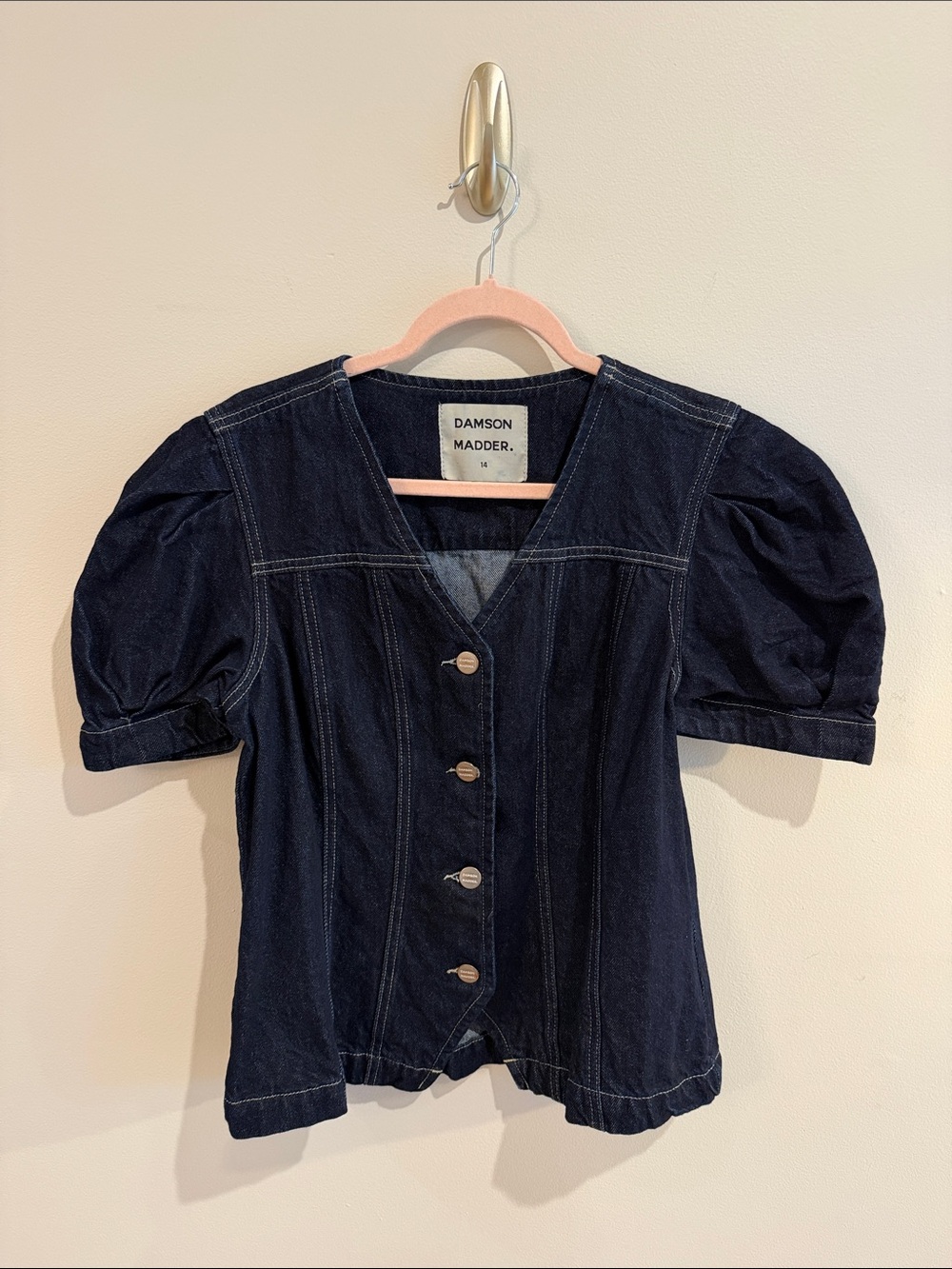 Damson Madder Dark Blue Denim Puff-Sleeve Button-Front Shirt